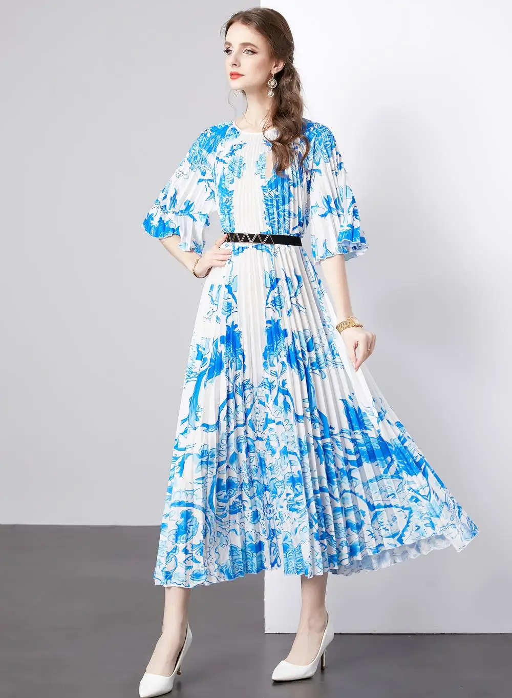 

Женское плиссированное платье, повседневное облегающее платье с круглым вырезом и принтом, осень 2023