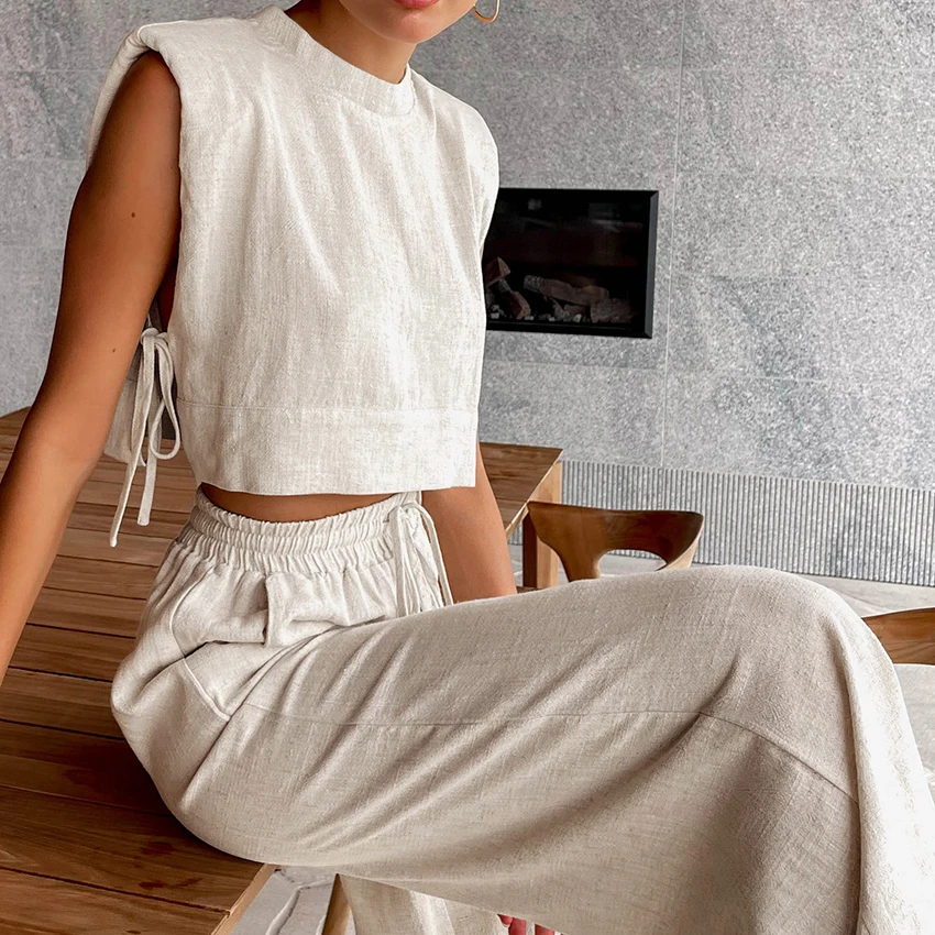 

Summer Crop Top Pant Set Solid Ankle Length Pants Casual Beach Set Back Button Pocket Set 2 Piece Women Sleeveless Pajama Set
