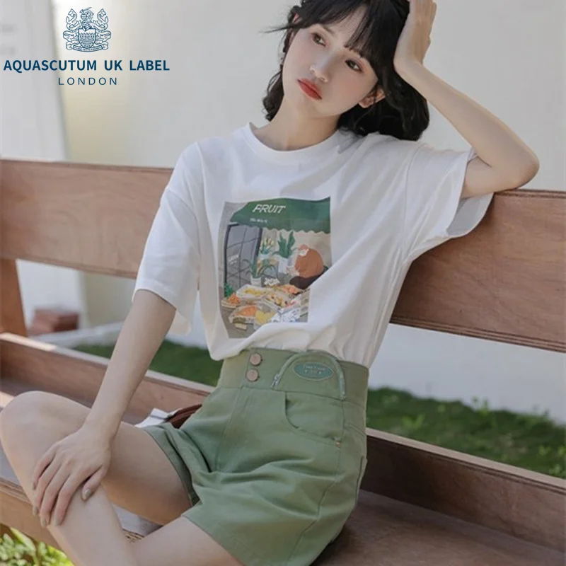 

Aquascutum New loose fashion white bottomed Shirt Top popular print short sleeves
