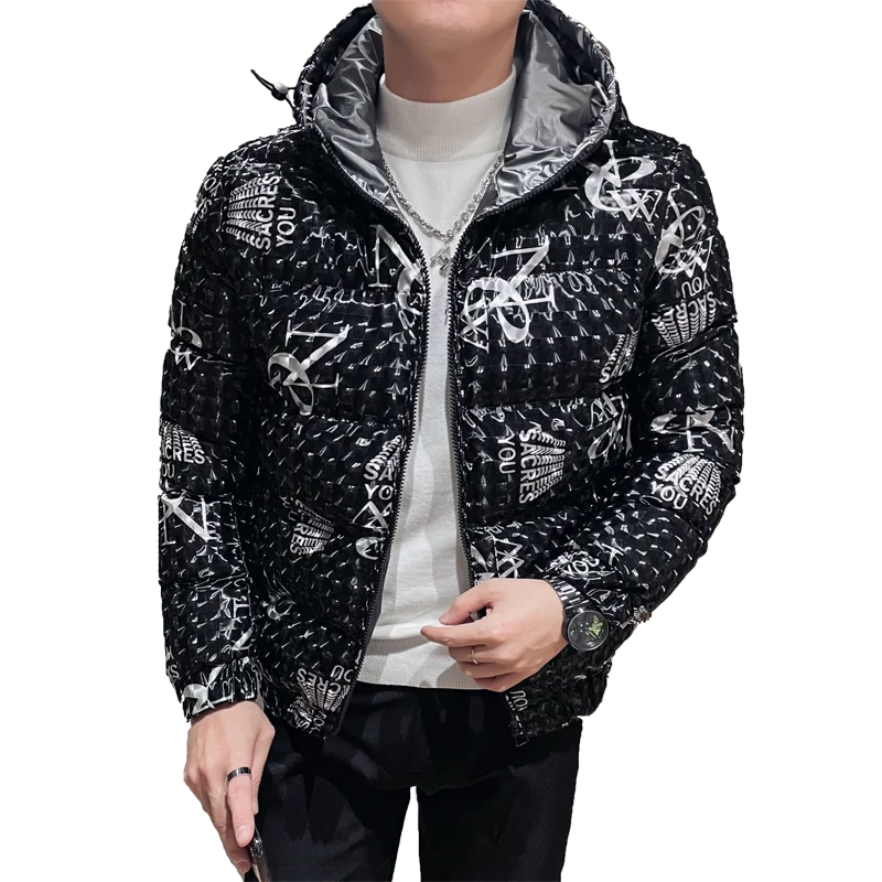 2022 Winter 3D Letter Hooded Puffer Parkas Men Thicken Warm Zipper Casual Jacket Fashion Streetwear Social Overcoat Men Clothing