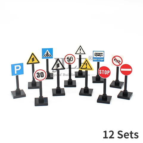 12 комплектов, дорожный знак серии город, световой блок, кирпичные уличные аксессуары для просмотра, предупреПредупреждение индикатор ограничения скорости