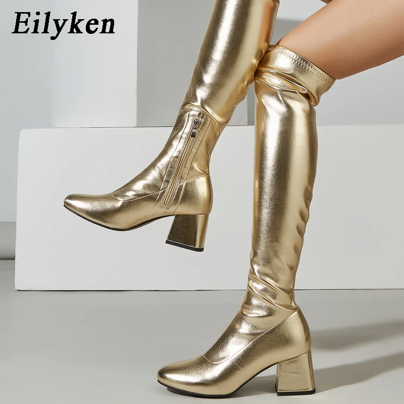 

Eilyken/удобные женские сапоги выше колена из мягкой кожи золотистого цвета модные вечерние высокие сапоги на массивном каблуке; Сезон осень-з...