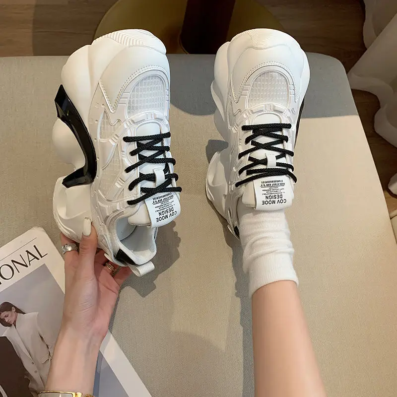 Thick Bottom Ins Breathable Clunky Sneakers Women's 2023 Spring and Summer New Genuine Leather Show Feet Small Casual Shoes