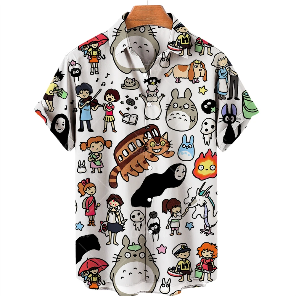 Hayao Miyazaki Shirt Faceless Cat Mask 3D Men's Short Sleeve Hawaiian Beach Summer |