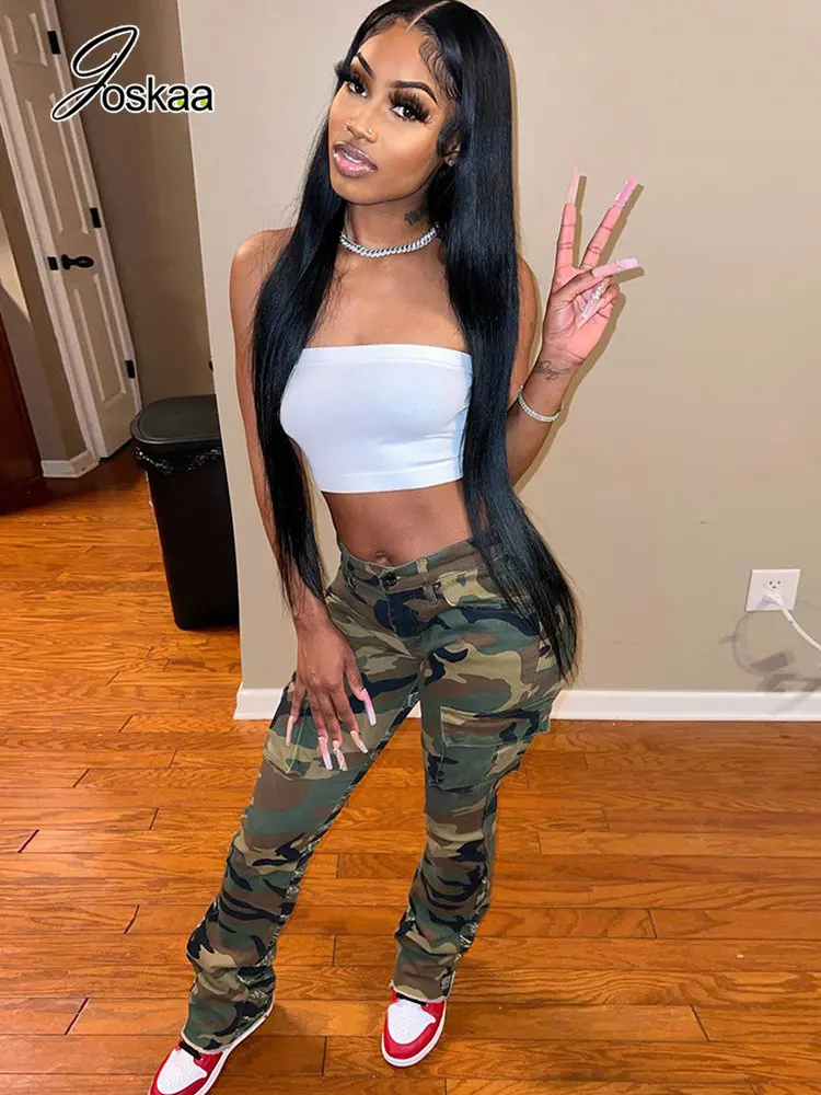 

Joskaa Patchwork Camouflage Cargo Pants Women Hipster High Waist Straight Trousers Fall Winter 2022 Female Bottoms Streetwear
