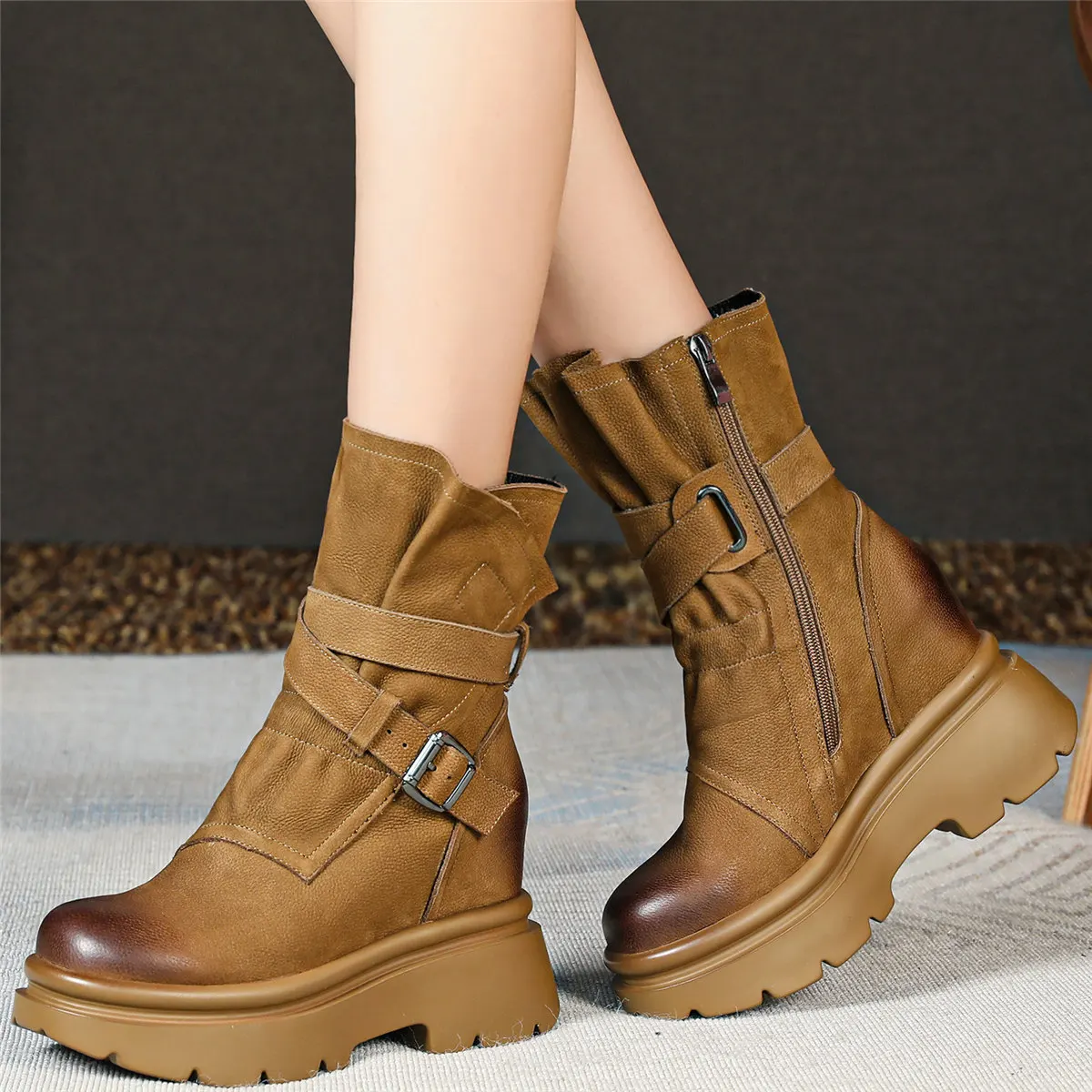 Winter Fashion Sneakers Women Genuine Leather Wedges High Heel Ankle Boots Female High Top Round Toe Platform Pumps Casual Shoes