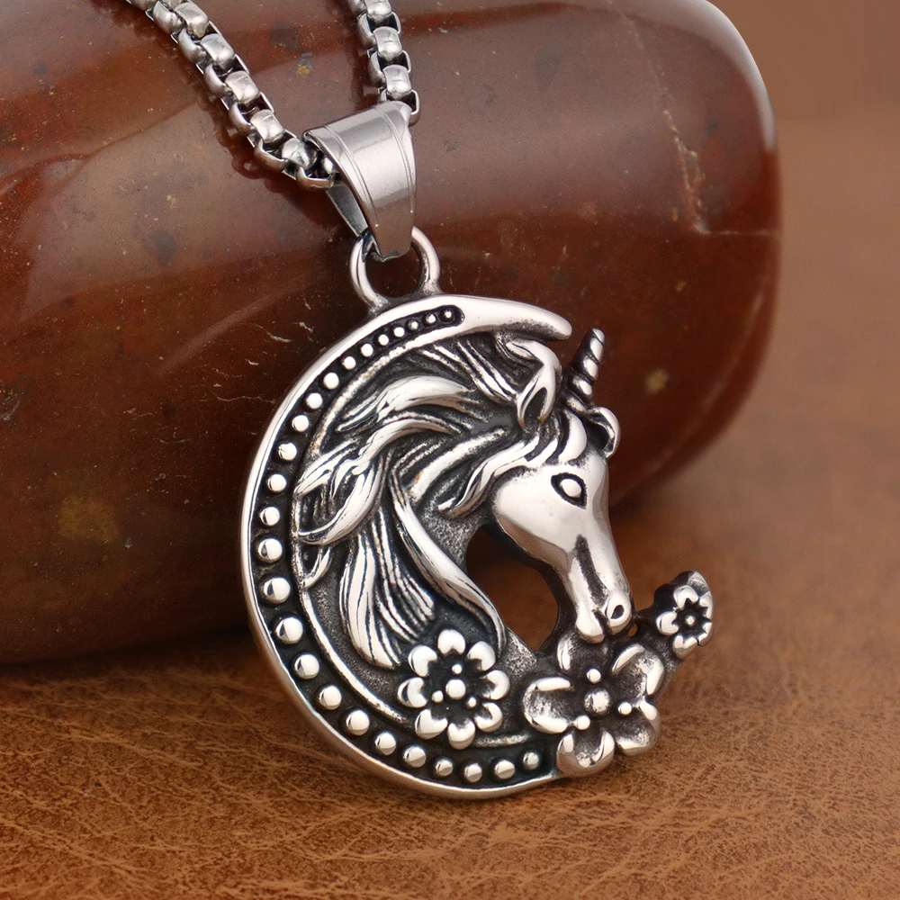 Ожерелье с подвеской в виде единорога и луны из нержавеющей стали 316L для женщин -