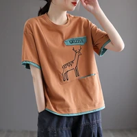 cotton short sleeved t shirt womens summer 2022 new pocket patch embroidery vintage loose deer printed t shirt prairie chic top