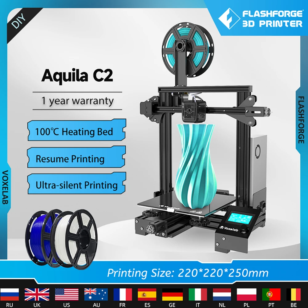 Voxelab Aquila C2 3d Printer for Beginner All Metal Heating Bed Resume Printing Carbon Crystal Silicon Plate Large Size
