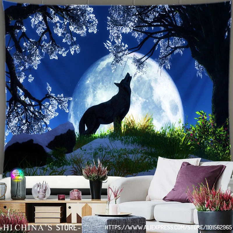 

Animal Tapestry Wolves Wall Hanging Beast Room Decor Psychedelic Aesthetic Mysterious Flower Jungle Landscape Forest Tapestry