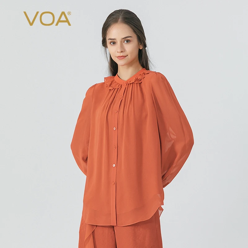 

(Fans Exclusive Discount) VOA Double Layer Georgette Silk Single-breasted Tops Fungus Puff Long Sleeve Shirt Autumn New BE1228