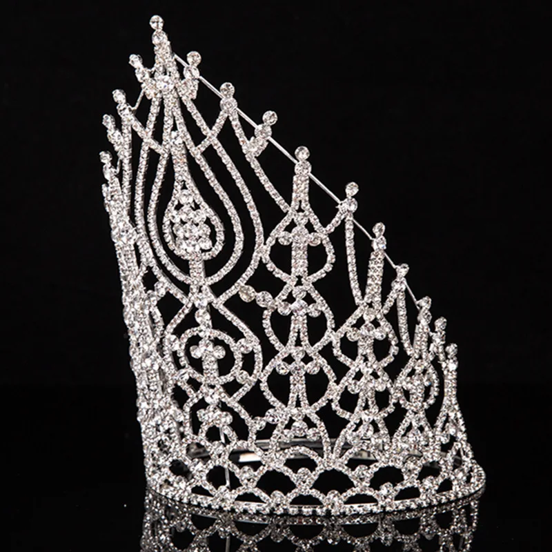 Beauty Pageant Crown Rhinestone Pageant Tall Crowns Crystal Adjust Contour Band Miss Big Tiara