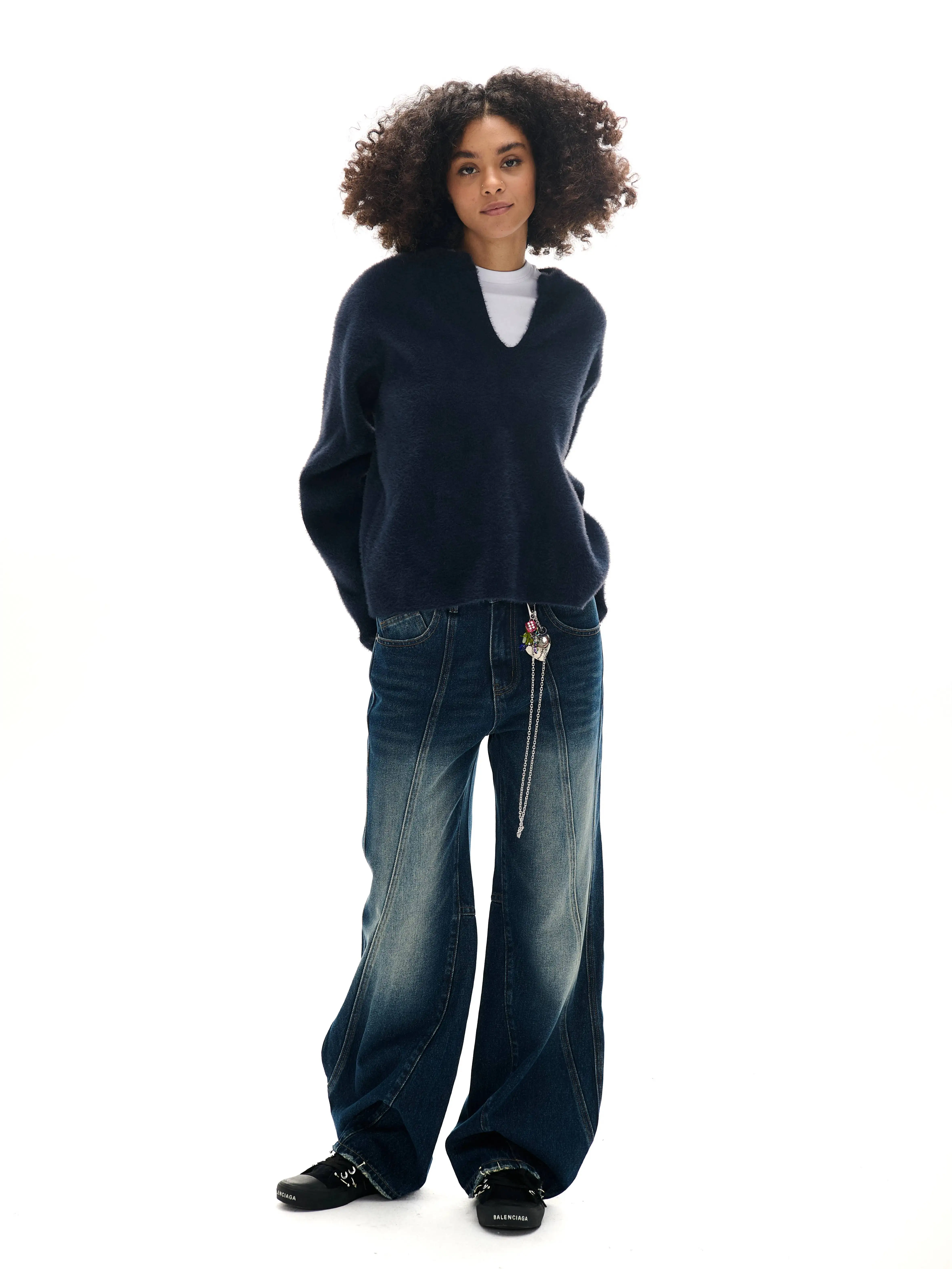 Two Little Guys * Mink Hair Old Money V-neck Knit Pullover Sweater