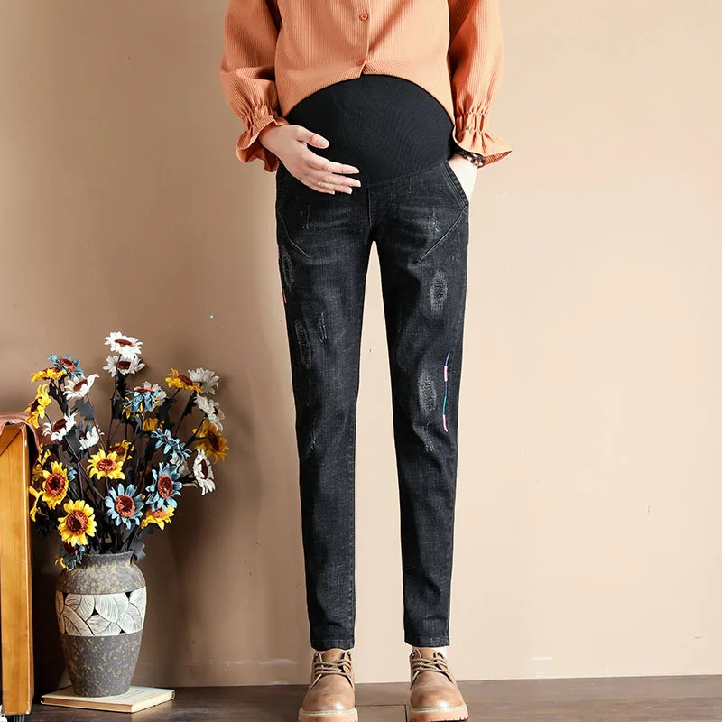 

Эластичные повседневные свободные узкие брюки для беременных женщин, мягкие потертые джинсы для живота, Длинные Хлопковые Штаны