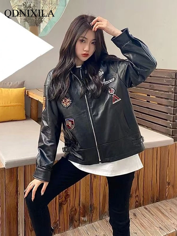 Women's Moto Biker Zipper Jacket Spring 2023 New Outerwear Women's Bomber Jacket Leather Jacket Women Sheepskin Coat for Women