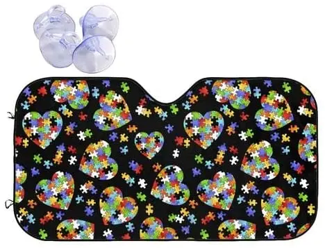

Autism Awareness Puzzle Pieces Heart Windshield Sun Shade Front Protector Folding Car Sun Visor for Truck SUV Blocks UV Rays Kee