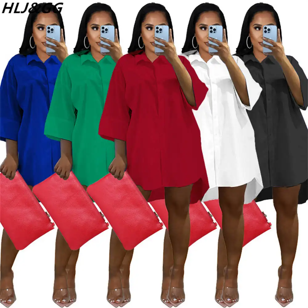

HLJ&GG 2022 Spring Solid Color Loose Shirt Dresses Women Turndown Collar Long Sleeve Button Mini Dress Elegant Clothing XS-5XL