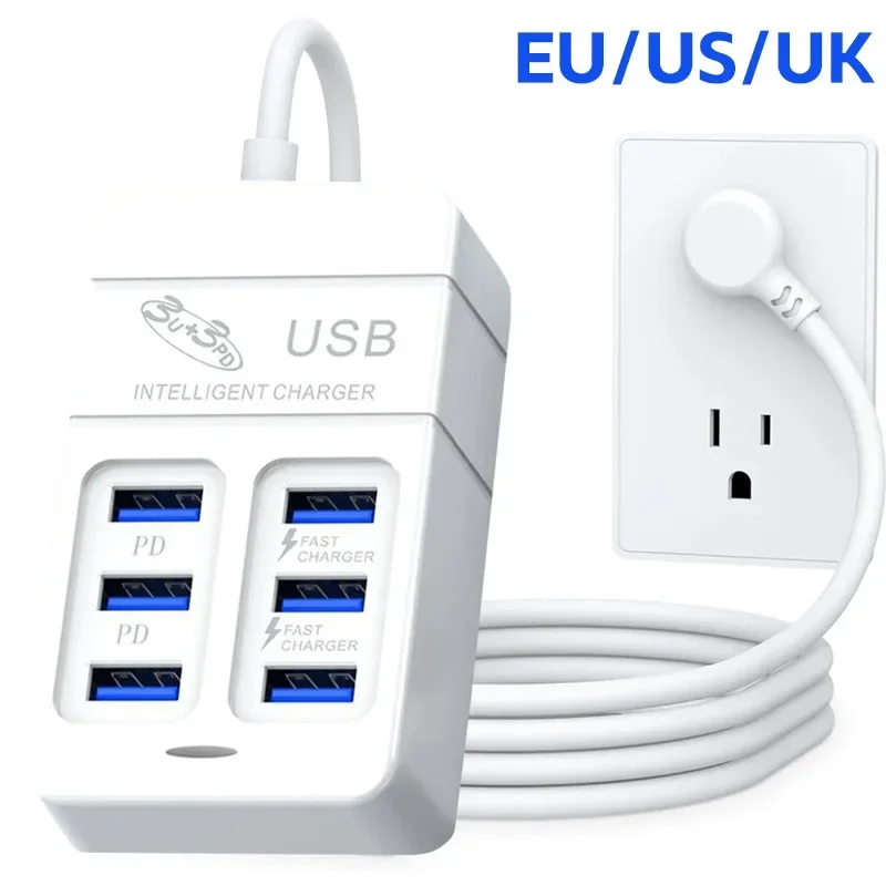 6-портовая розетка PD USB EU US UK Plug Travel Настенная зарядка Type-C Мобильный телефон