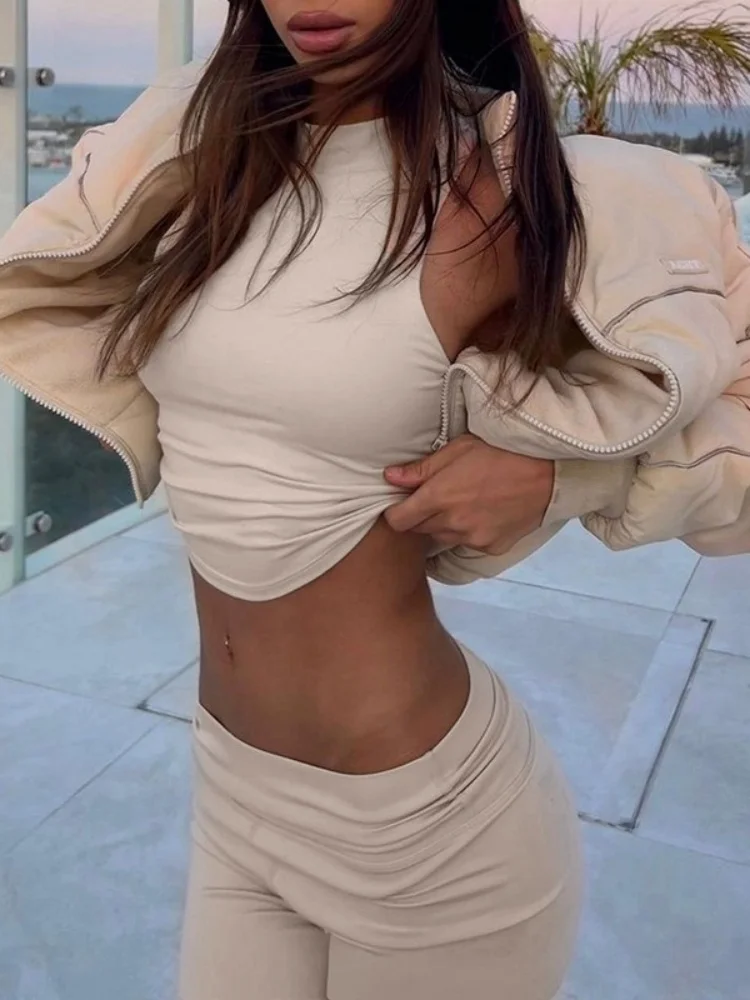 Женский комплект из 2 предметов однотонный облегающий топ с высоким воротником и