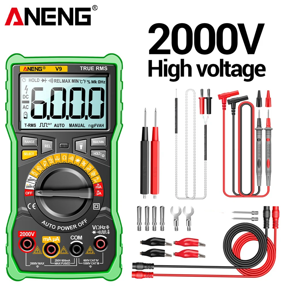 

Умный Профессиональный цифровой мультиметр ANENG V9, 2000 в, тестер напряжения, емкостный вольтметр, амперметр постоянного и переменного тока, электрический тестер, инструменты