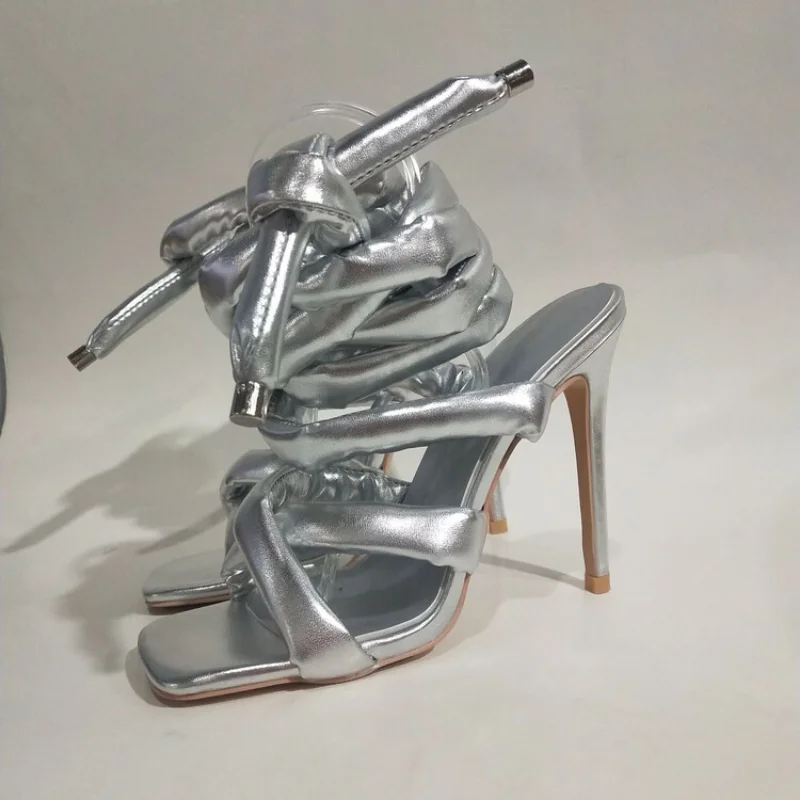 Europe and The United States New Square Toe with Crossed Ankles Around The Catwalk Sandals Stretch Denim Bright Leather Sandals