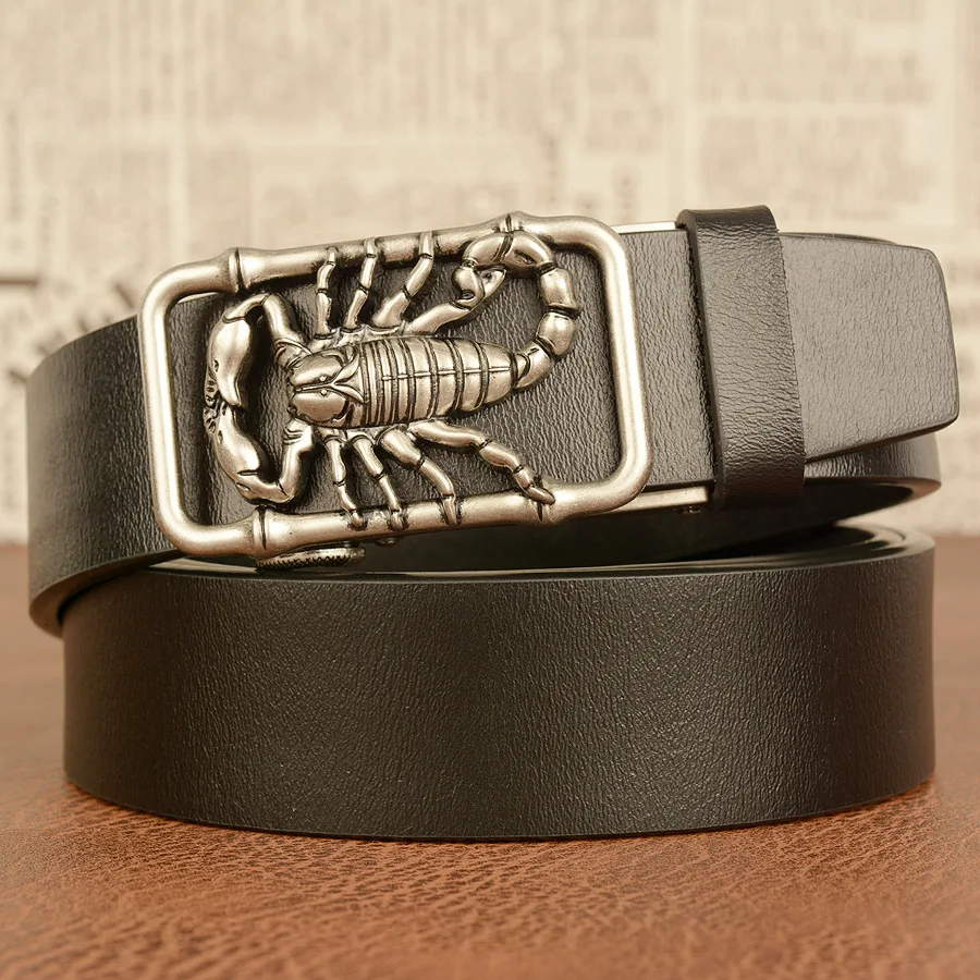 Men’s High Quality Scorpion Design Alloy Buckle Leather Belt,Emboss Split Cow Leather Belt,Men Jeans&Casual Pants Accessories;