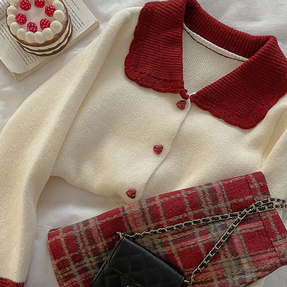 

Splicing Contrast Color Skirt Set Women Casual Two Pieces Suit Doll Collar Cardigan Spring Fashion Matching Suit