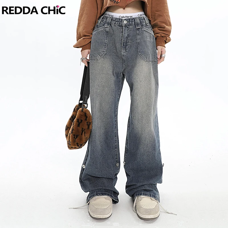 

Женские джинсы в стиле оверсайз REDDACHiC, повседневные Простые синие прямые широкие брюки в Корейском стиле, винтажная уличная одежда Y2k