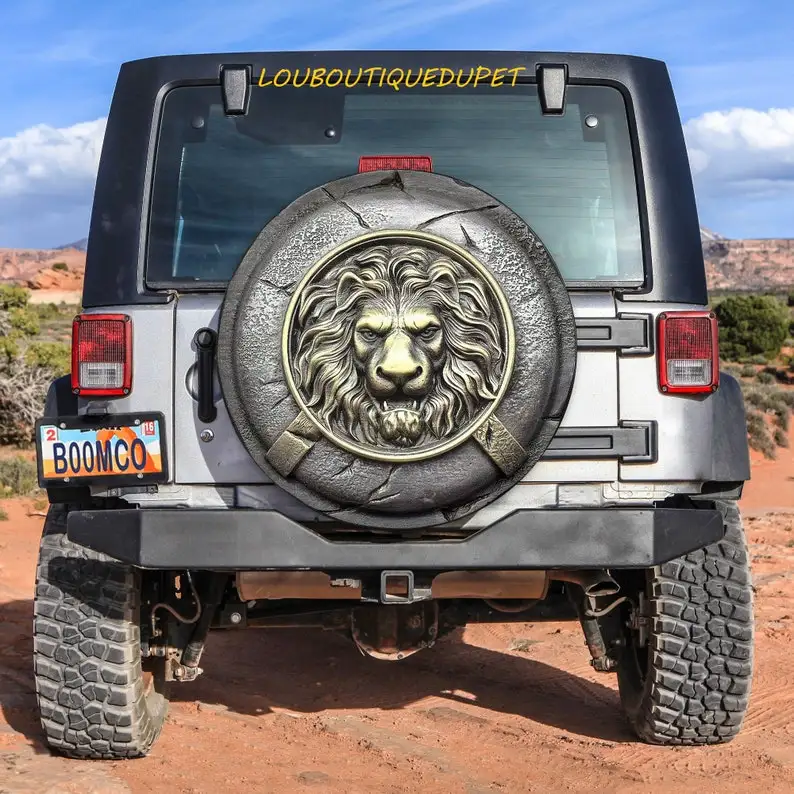 

Premium Lion Shield Car Tire Cover - Men Car Accessories Square Tire Cover All Sizes - Premium Lion King Leather Protector