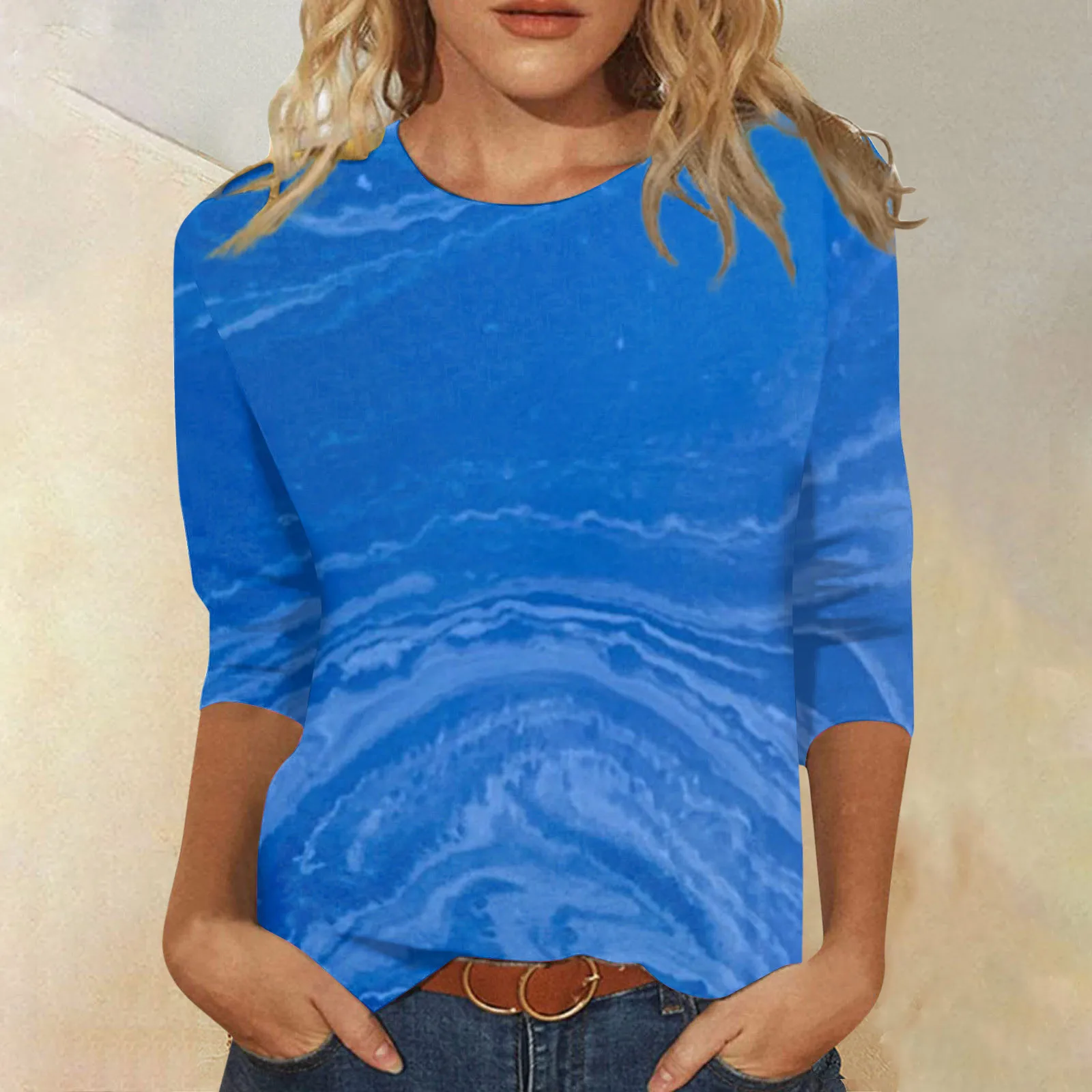 

Женские летние топы с круглым вырезом и рукавом три четверти, удобная футболка с принтом, блузка, базовая футболка для женщин