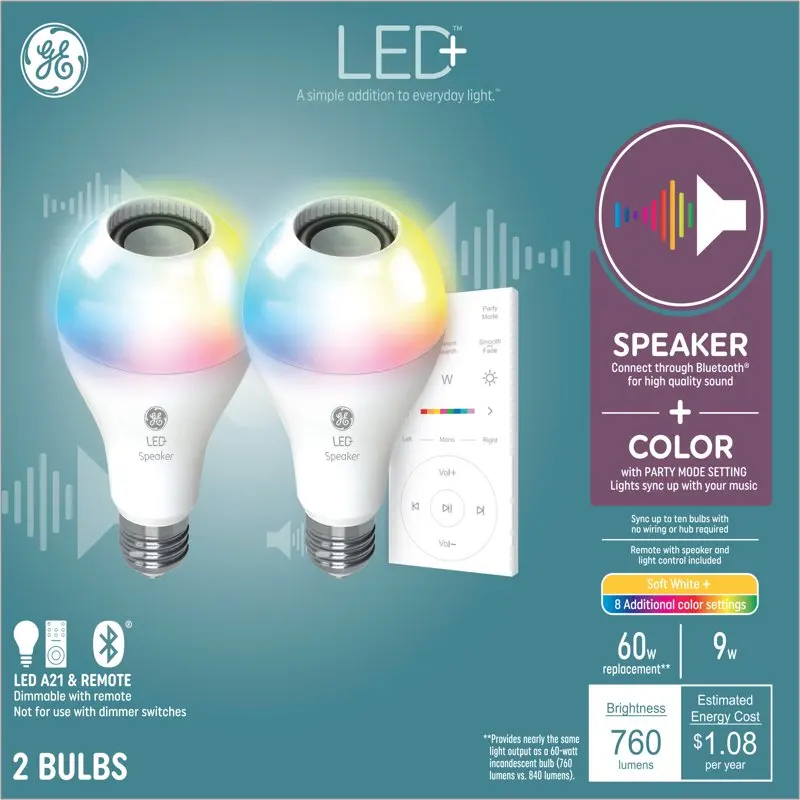 

Amazing GE LED+ 2pk 9 Watts Multicolor A21 Speaker LED Light Bulbs with Bluetooth Music Player, Perfect Home Decor Anywhere.