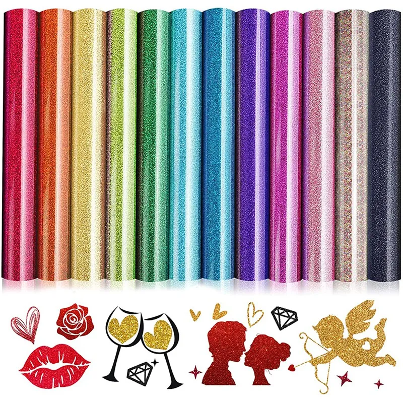 

Glitter Rainbow HTV Heat Transfer Vinyl Bundle,12 Sheets Valentines Glitter Permanent Heat Press HTV Vinyl,12X10 Inch