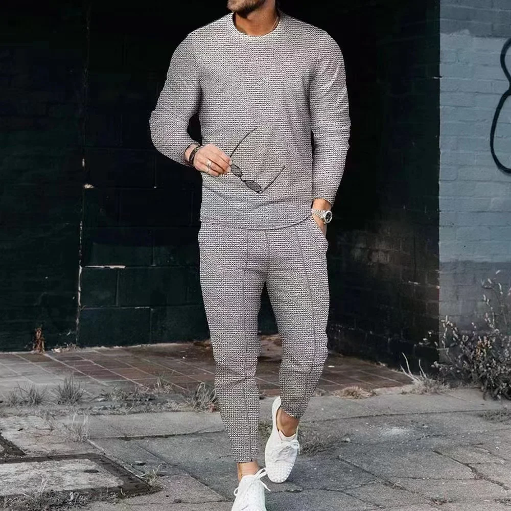 2023 Spring and Autumn Waffle long sleeve + sweatpants men's crewneck sweatshirt men's street vintage 2-piece set