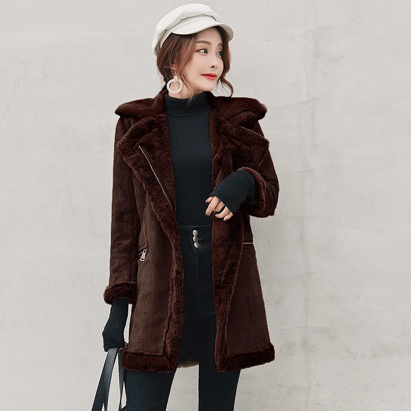 Winter Long Faux Suede Leather Jacket Women  Female Green Faux Fur Lined vintage  Jacket Woman Coat Large Windbreaker