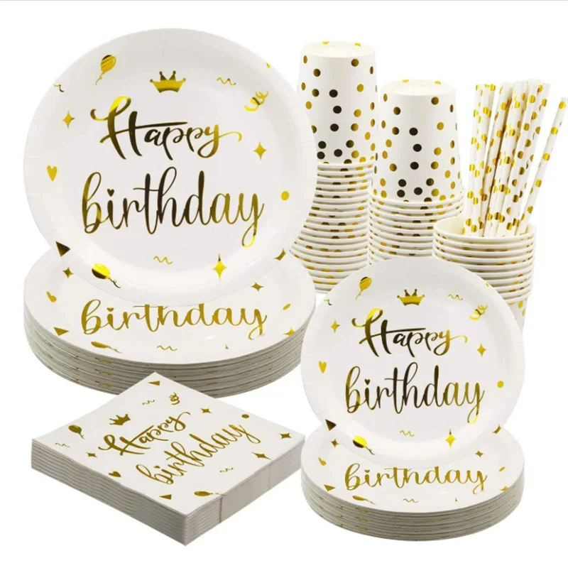 

Bappy Birthday White Gold Party Supplies Baby Shower Disposable Dinnerware Set Gold Dot Plates Napkins Cups Wedding Decoration