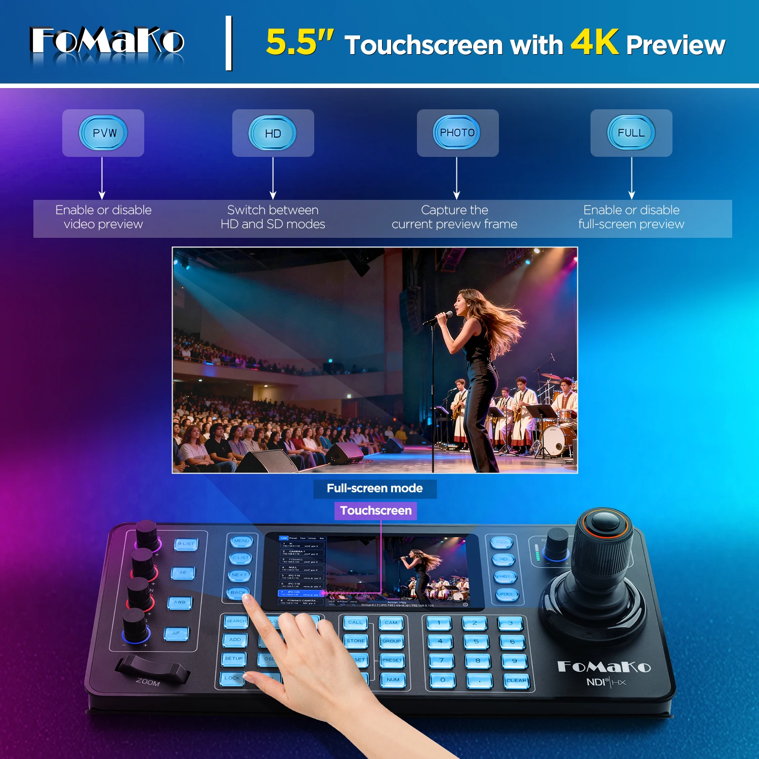 Фото Контроллер PTZ-камеры KC608N NDI, четырехэкранный 4K мультиканальный мониторинг, 5,5-дюймовый емкостный сенсорный экран, 4D джойстик Hall, PoE, NDI HX №3