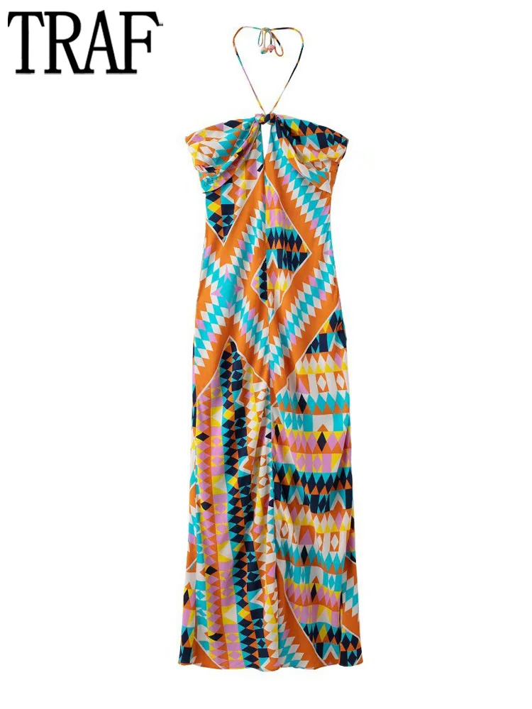 

TRAF Print Pleated Halter Dress Woman Off Shoulder Midi Dresses for Women Sexy Backless Party Dresses Ladies Summer Long Dress