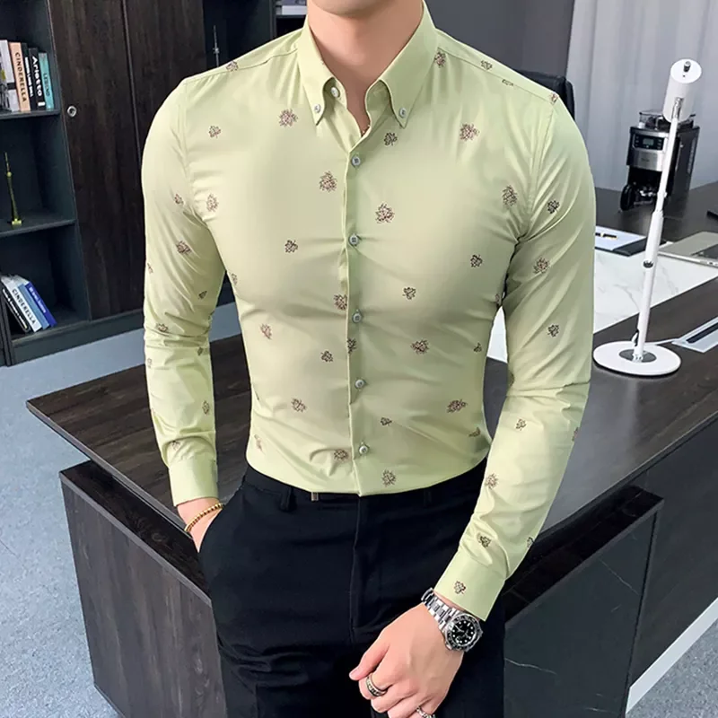 

Рубашка мужская классическая с цветочной вышивкой, деловая Повседневная приталенная сорочка с длинными рукавами, формальная классическая ...