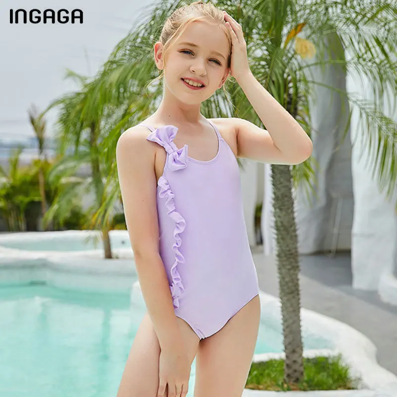 

INGAGA Solid Children Swimsuits One Piece Ruffled Swimwear Kids Bodysuits 2022 Cute Bow Bathing Suits Girl Summer Beachwear