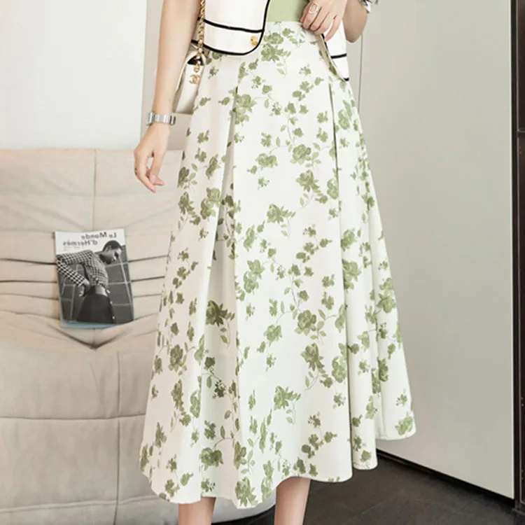 

2022 Spring Newest Mid-length Green Skirt Women A-line Long Skirt High Waist Flower Printing Large Swing Pleated Cargo Skirt