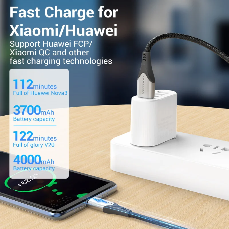 Vention USB C Cable Type C Charging Cable for Xiaomi 11T Pro Huawei Samsung S21 3A Quick Charge 3.0 USB Type C Fast Charger