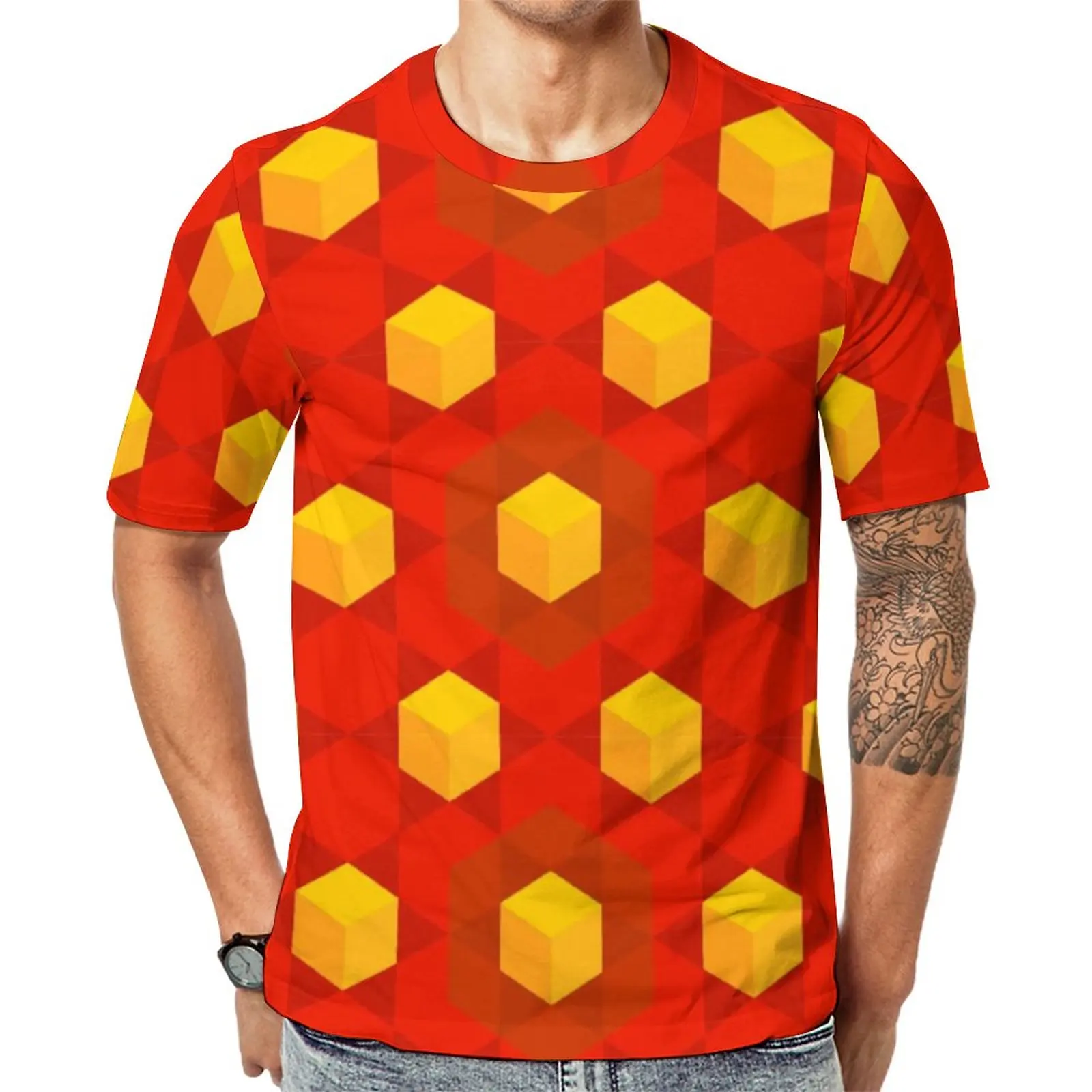 

Футболка мужская с принтом в скандинавском стиле, эстетическая тенниска с красными и оранжевыми кубиками, трендовая рубашка с коротким рукавом, топ оверсайз с графическим принтом