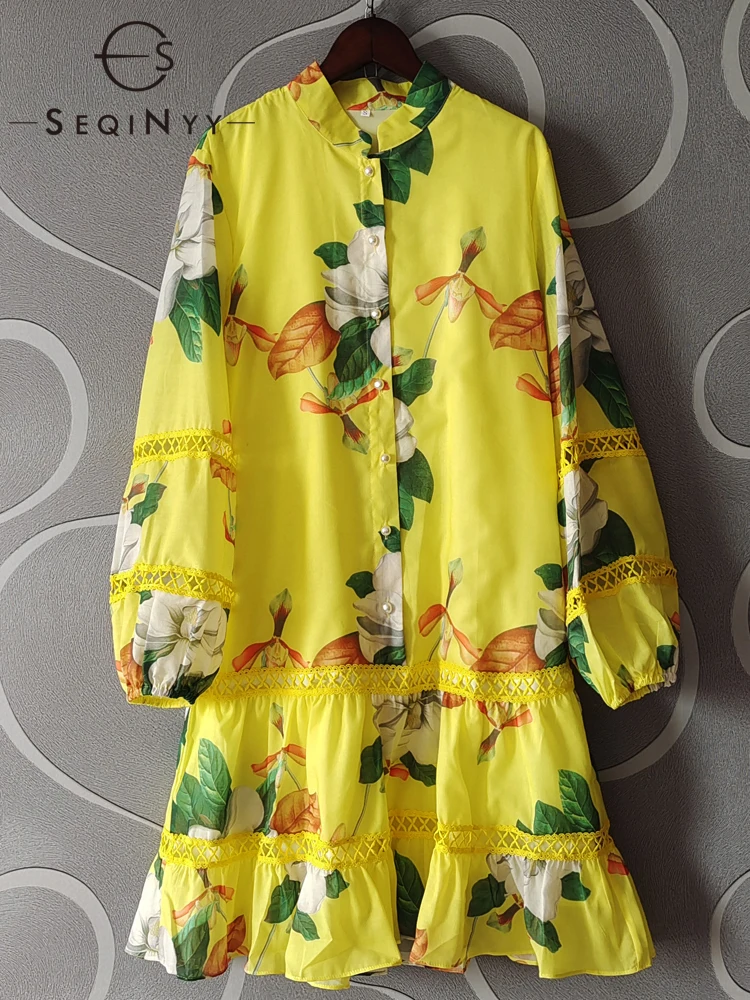 

SEQINYY Yellow Casual Dress Summer Spring New Fashion Design Women Runway Flowers Print Mini Lantern Sleeve Loose High Street