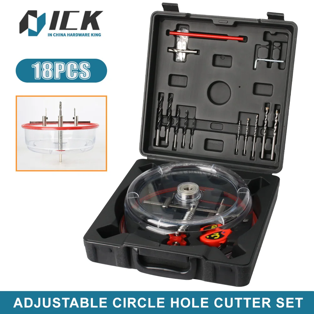 ICK Adjustable Circle Hole Cutter Set Includes ABS Dust Shield and Center Drill For Cutting Plywood Plasterboard Acrylic Plastic