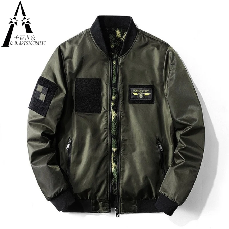 Double-sided Wear Coat Men's Baseball Jacket Fleece Thick Plus Velvet Warm Air Force Flight Suit Winter Fashion Self-cultivation