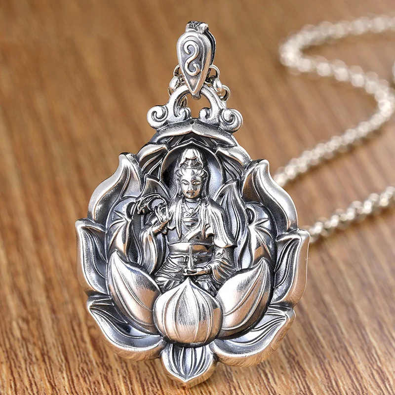 Retro Bodhisattva Pendant Men Jewelry Quality S925 Silver Chain Necklace Male Amulet Maitreya Buddha Lotus Statue Necklaces Lady