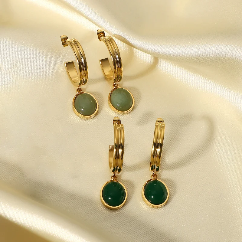 

Minar Unusual Green Color Natural Stone Agate Dangle Earrings for Women 18K Gold Plated Titanium Steel C Shape Statement Earring