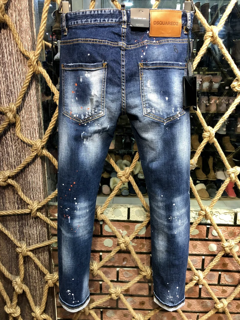 New DSQUARED2 Men's/Women Fashion Slim-Fit Ripped Patch Jeans, Paint Ripped Ink Micro-Elastic Blue Pants 9602