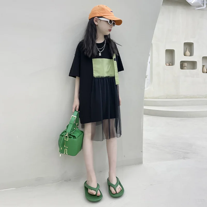 

Summer Girls Black Mesh Dresses Fashion Casual Teenager Tee Shirt Dress 8 10 12 years