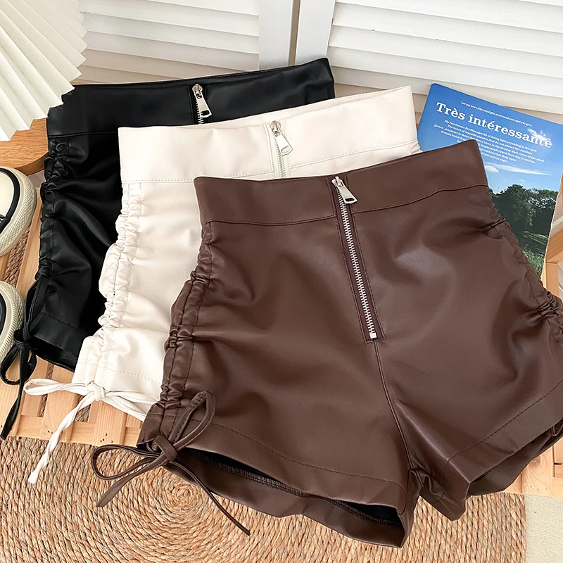 

Fashion Autumn PU Leather High Waist Shorts Women Zipper Pleated Drawstring Wide Leg Casual Boots Pants